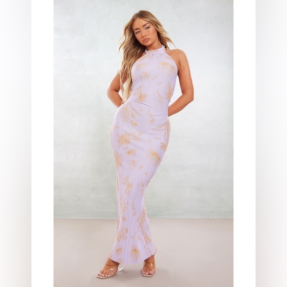 NEW! Pretty Little Thing-Lilac Watercolour Purple Floral Halter Neck Maxi Dress - Picture 1 of 9